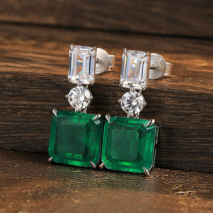 Elegant 10 ctw Multi-Cut White Gemstone & Emerald Earrings -JOSHINY