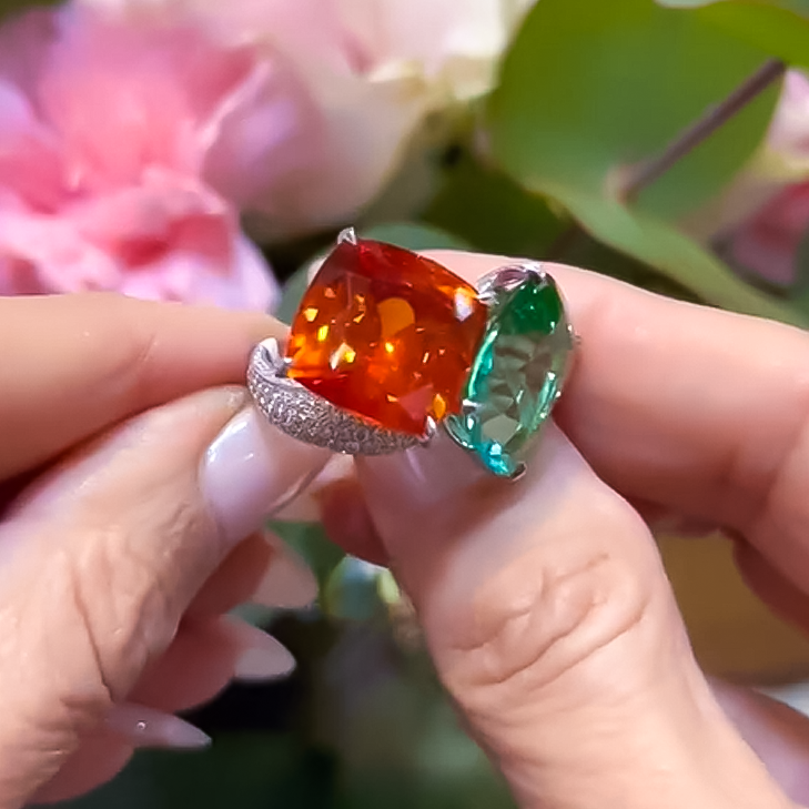 Unique 16 ctw Cushion Cut Emerald & Orange Gemstone Two-Stone Cocktail Ring -JOSHINY