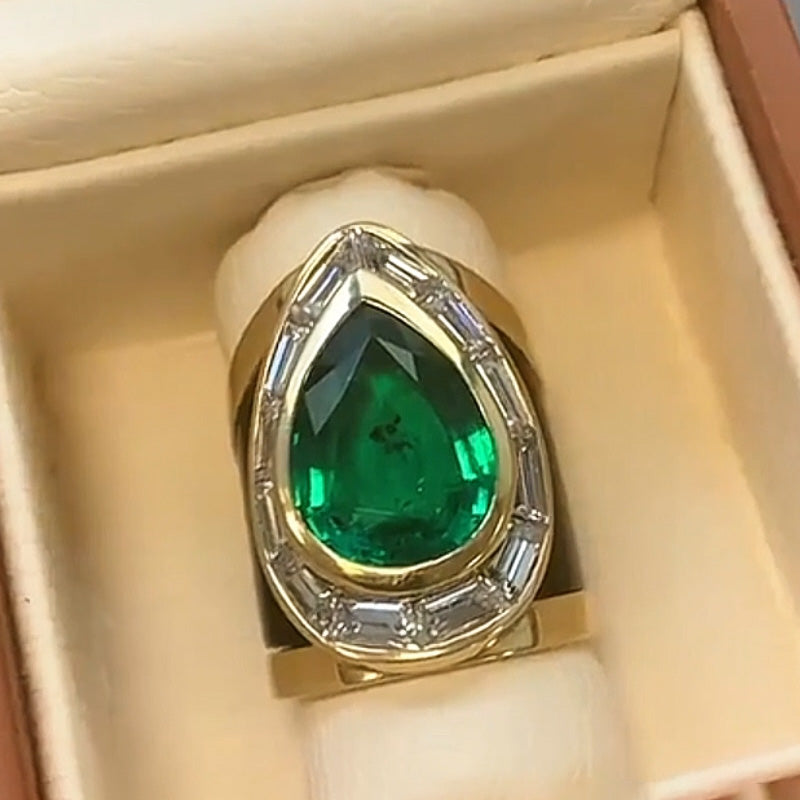 Spectacular 6.36ct Pear Cut Emerald Cigar Style Ring -JOSHINY