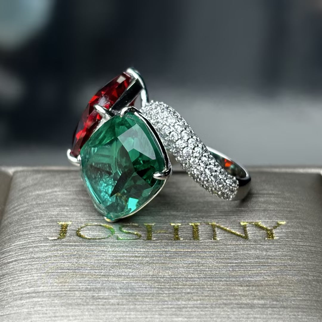 16 CTW Cushion Cut Green & Orange Cubic Zirconia 925 Sterling Silver Ring -JOSHINY