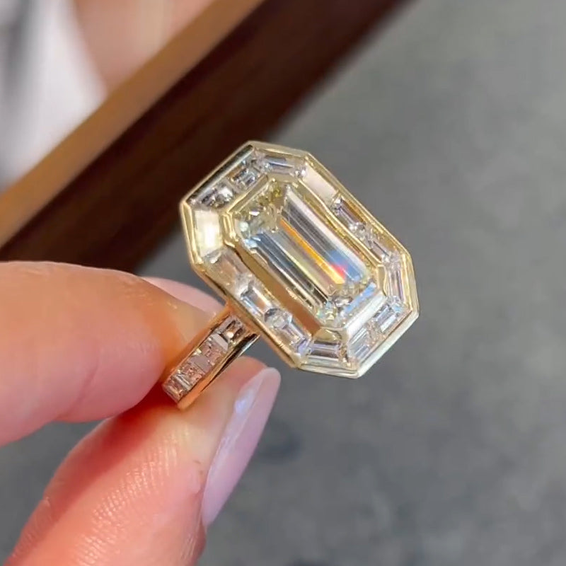 5.0ct Emerald Cut Baguette Side Bezel Gemstone Ring -JOSHINY