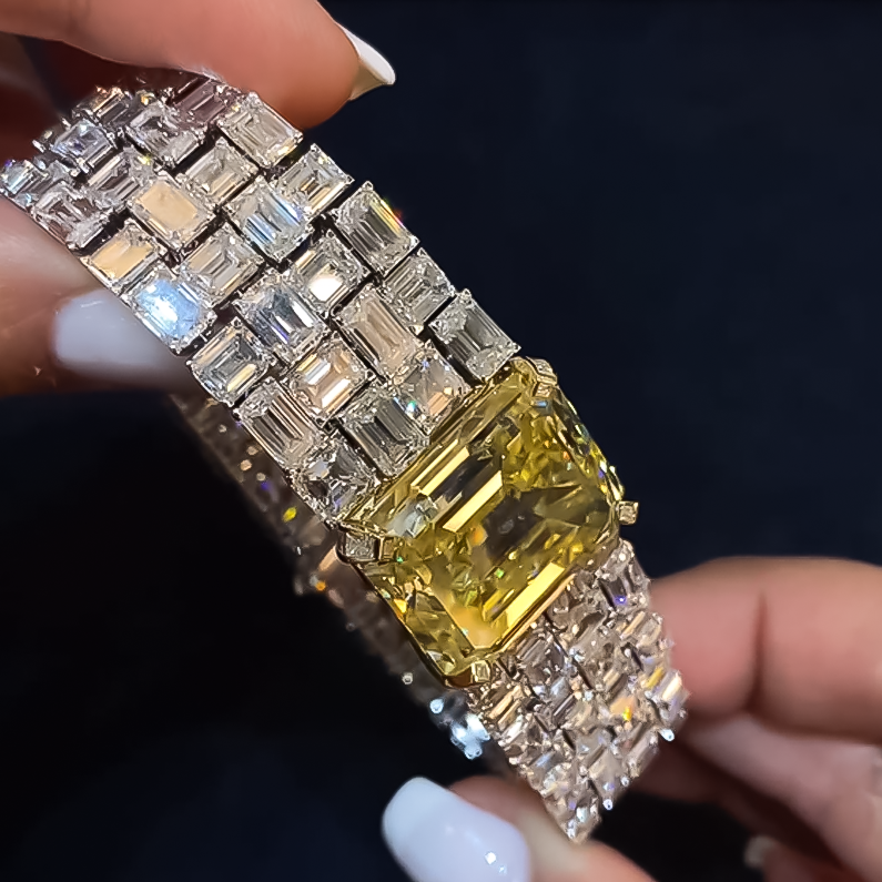 Gorgeous 18 ctw Emerald Cut Yellow & White Stone Full Set Bracelet -JOSHINY