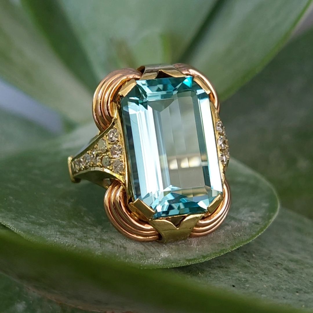 10.2ct Octagon Cut Aquamarine Vintage Rose Gold Ring -JOSHINY