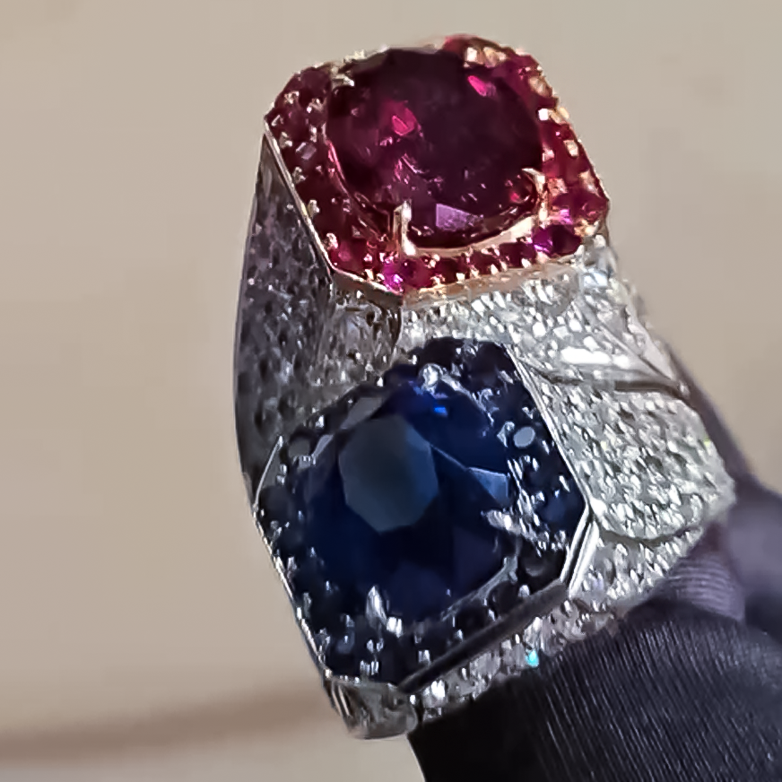 Noble 6 ctw Oval Cut Ruby & Sapphire Twin Stone Pavé Ring -JOSHINY