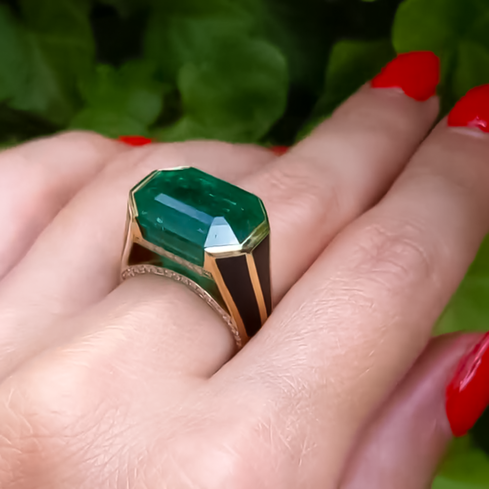 Unique 7 ctw Emerald Cut Emerald Black Enamel Ring -JOSHINY