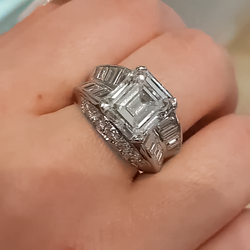 Unique 7 ctw Emerald Cut White Gemstone Engagement Ring -JOSHINY