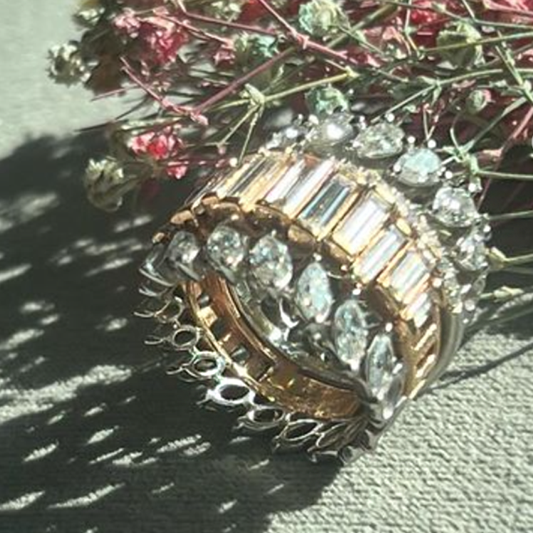 Unique 3 ctw Multi-Cut White Gemstone Two-Tone Cluster Ring -JOSHINY