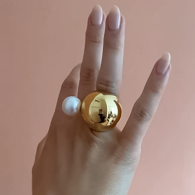 Unique Minimalist Design White Pearl Gold Bubble Ring -JOSHINY