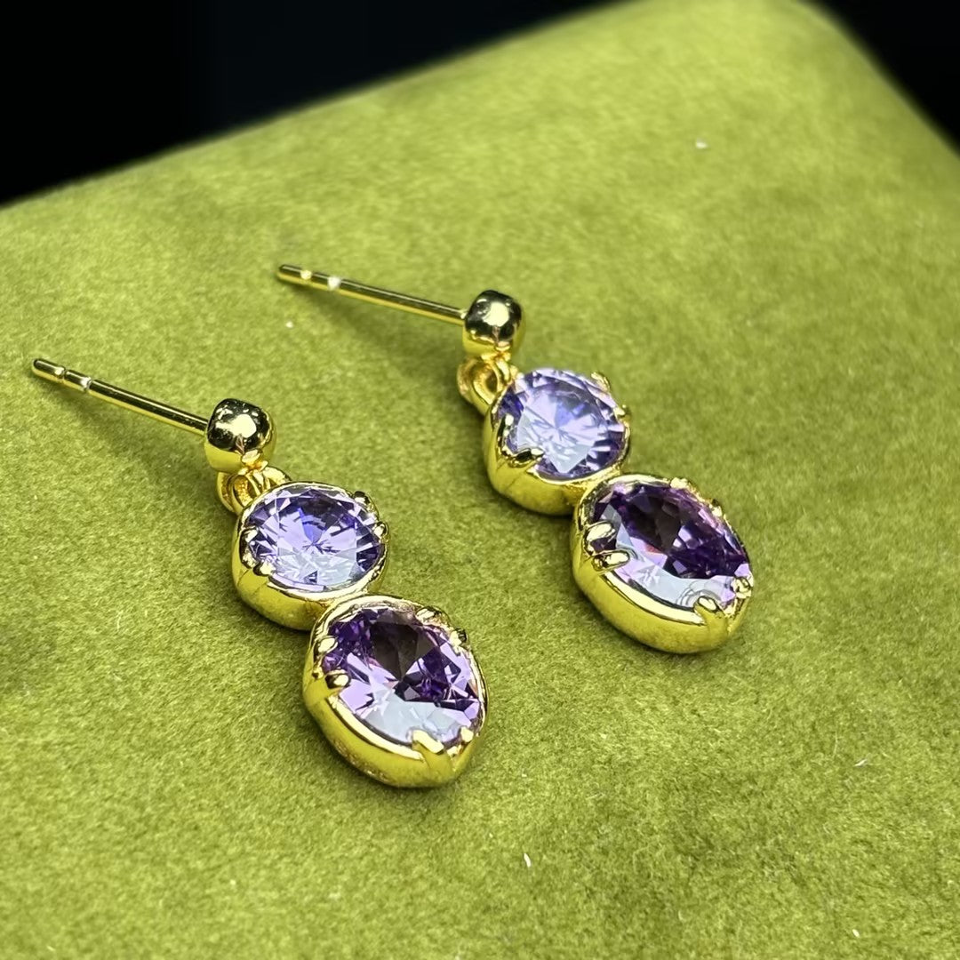 Vintage Gold Large Amethyst Stud Drop Earrings