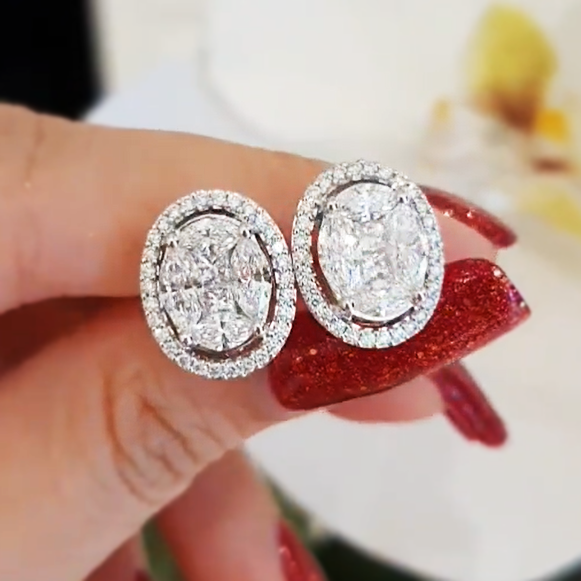 Exquisite 6 ctw Square & Marquise Cut White Gemstone Halo Stud Earrings -JOSHINY