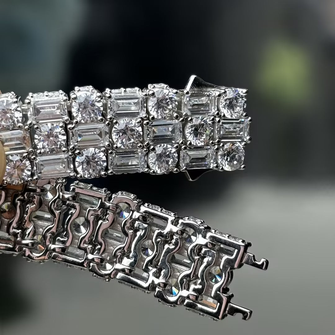 50 CTW Round and Emerald-Cut Three-Row Gemstone Bracelet-JOSHINY
