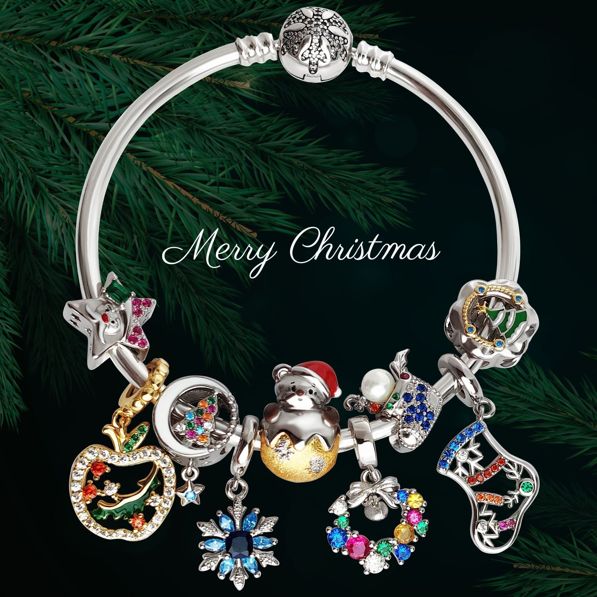 Christmas Ladies S925 Sterling Silver 3mm Bracelet and Christmas Beaded Jewellery Complete Set-JOSHINY