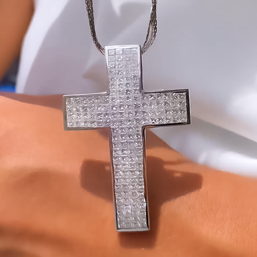 Stylish 5 ctw Square Cut White Gemstone Pavé Cross Necklace -JOSHINY