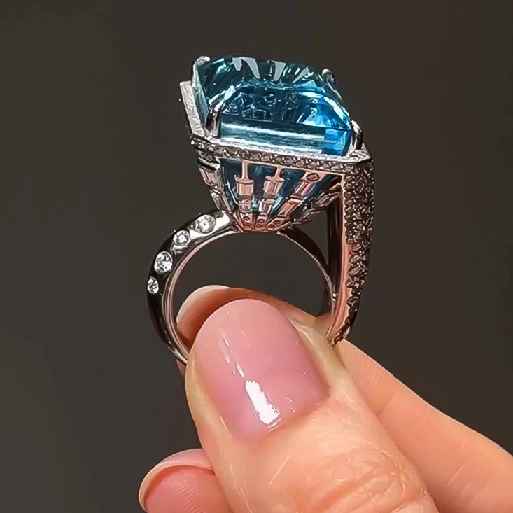 Deluxe 30 ctw Emerald Cut Blue & White Gemstone Cocktail Ring -JOSHINY