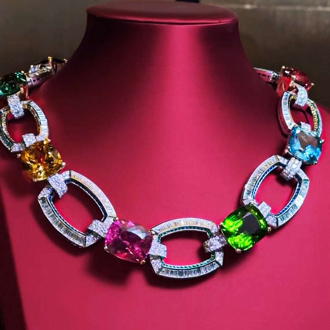 Colourful 60ctw Cushion Cut Multicolour Gemstone Necklace -JOSHINY