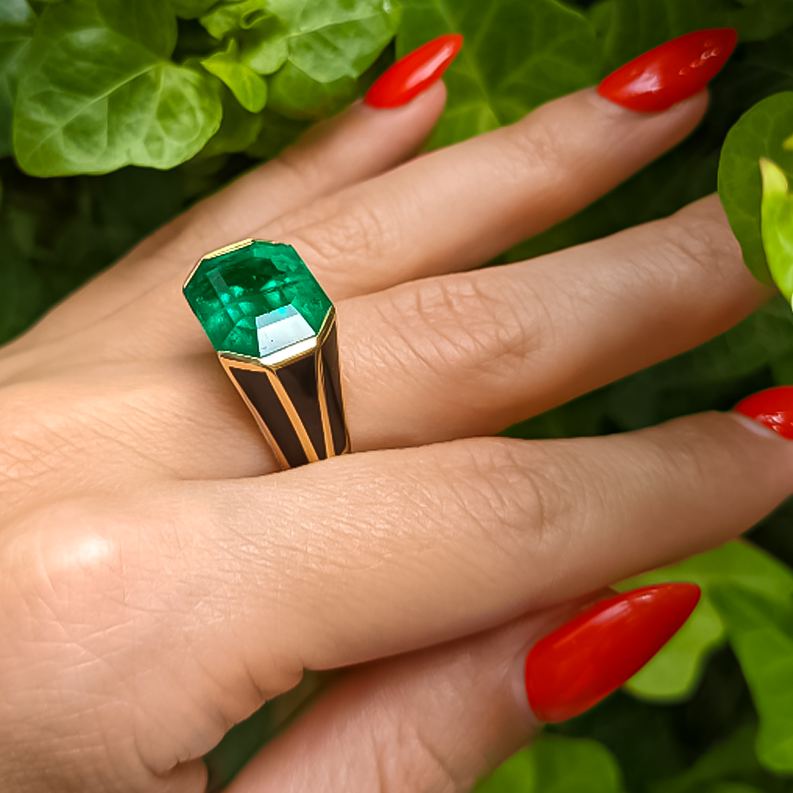 Unique 7 ctw Emerald Cut Emerald Black Enamel Ring -JOSHINY