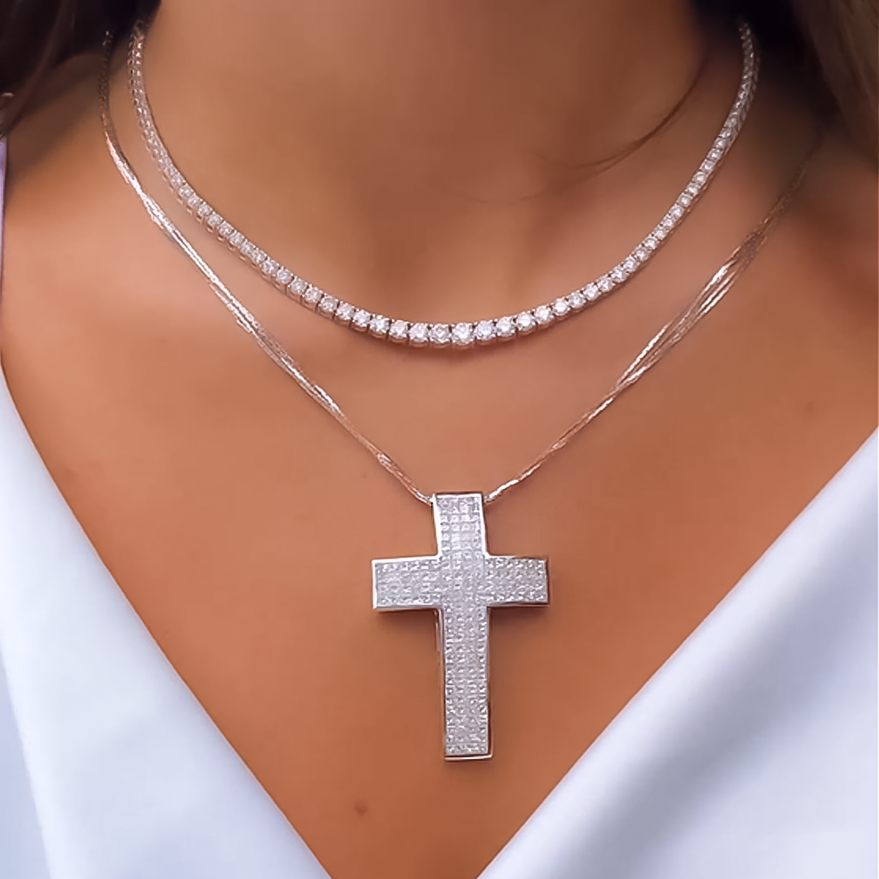 Stylish 5 ctw Square Cut White Gemstone Pavé Cross Necklace -JOSHINY