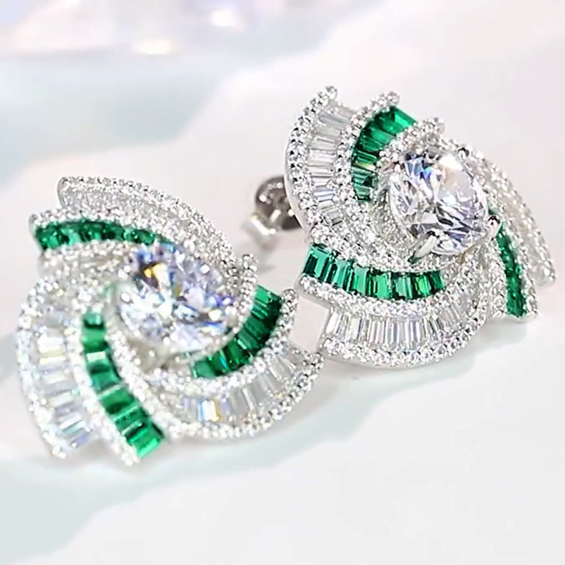 Elegant 8 ctw Round & Baguette Cut White Gemstone & Emerald Swirl Earrings -JOSHINY