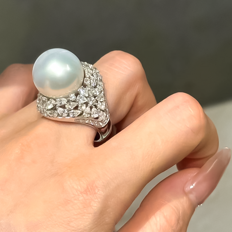 Elegant 4 ctw Multi-Cut White Gemstone & Pearl Ring -JOSHINY