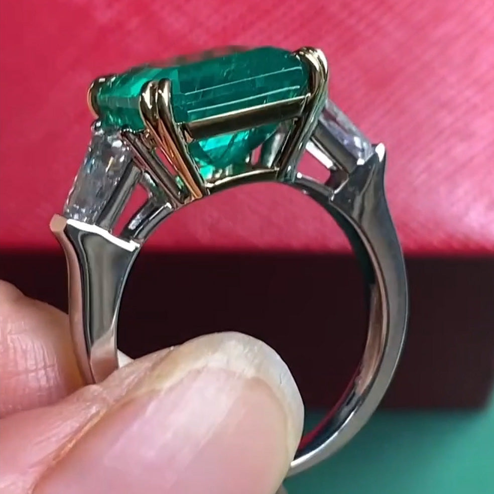 6.5ct Square Emerald 3 Stone Engagement Ring -JOSHINY