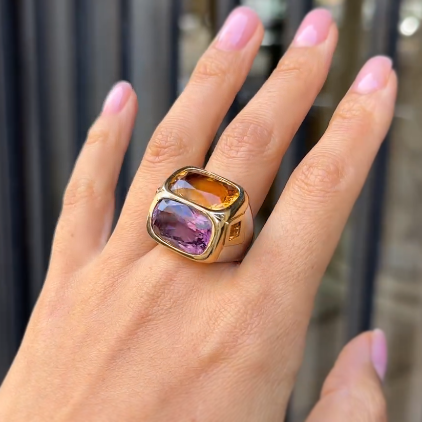 Unique 12 ctw Cushion Cut Blue & Purple & Yellow Gemstone Two Stone Cocktail Ring -JOSHINY