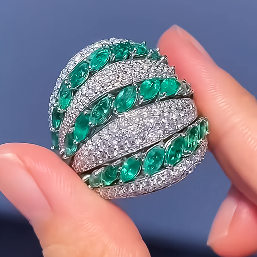 Elegant 6 ctw Marquise & Round Cut Emerald & White Stone Pavé Ring -JOSHINY