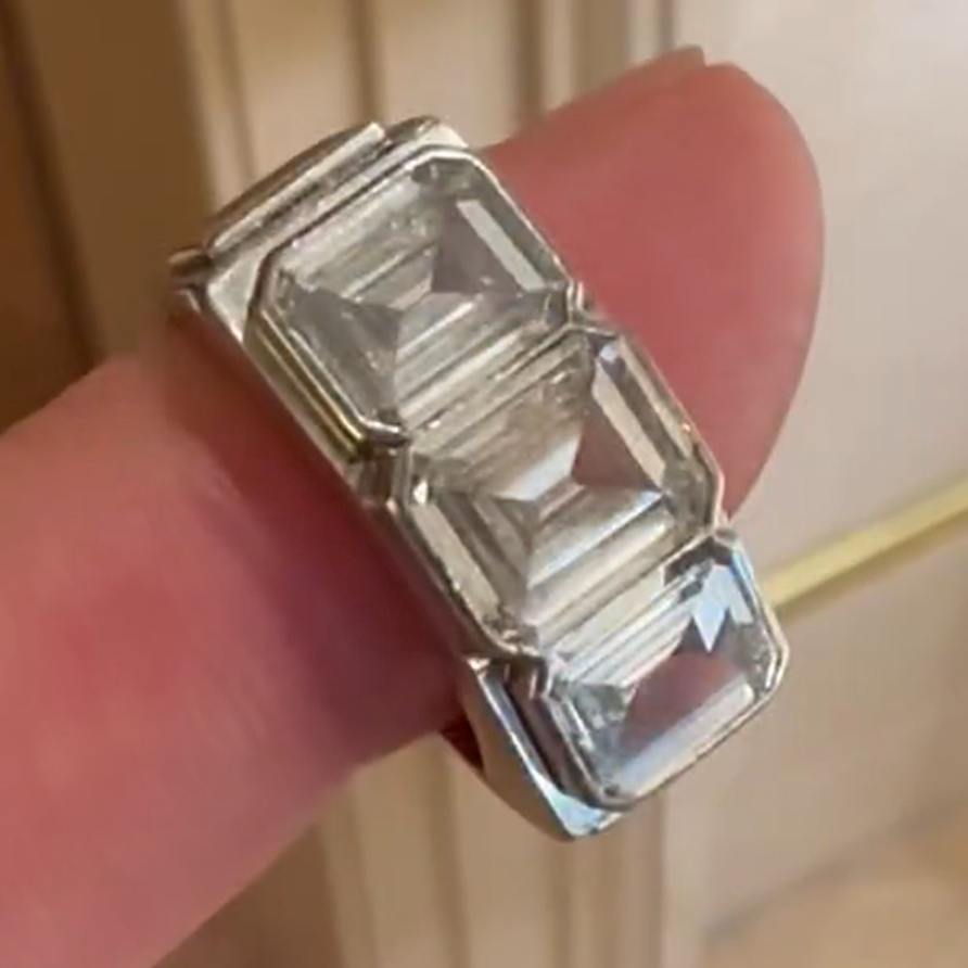 Simple 5 ctw Emerald Cut White Gemstone Tri-Stone Ring -JOSHINY