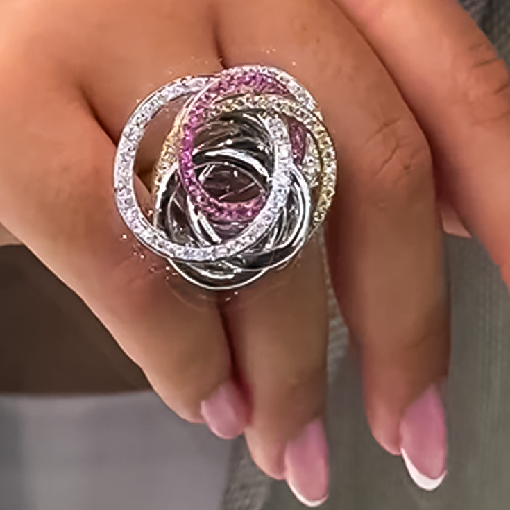 Unique 1 ctw Round Cut White & Pink Gemstone Two-Tone Ring -JOSHINY