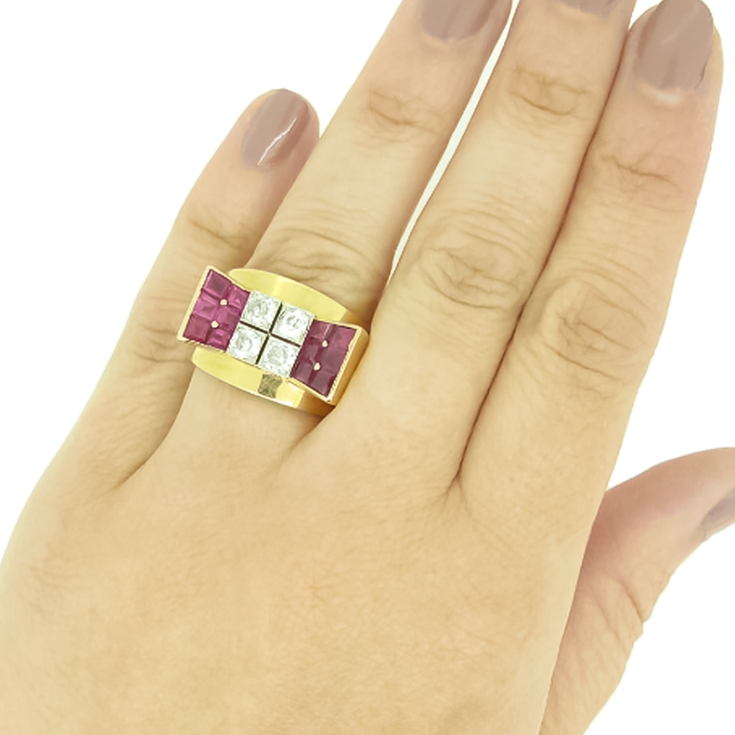 Elegant 1.5 ctw Round & Square Cut Ruby & White Gemstone Ring -JOSHINY