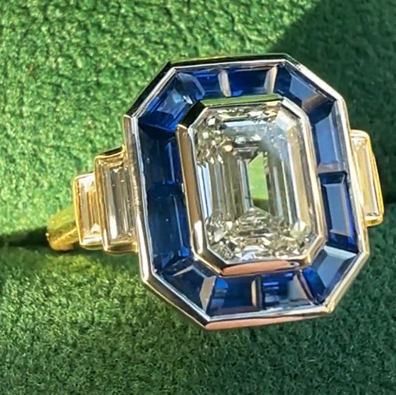 10ctw Emerald Cut White and Blue Bicolour Stepped Gemstone Ring -JOSHINY