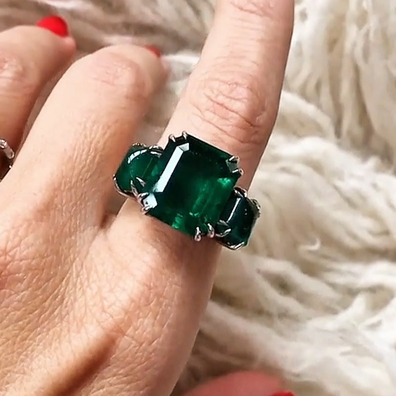 15ctw Octagon Cut Triple Emerald Gemstone Ring -JOSHINY