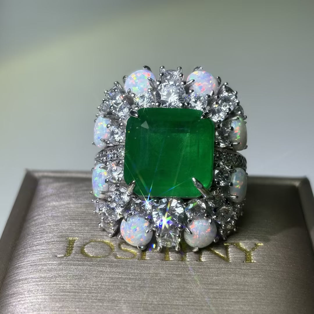 9.5Ctw Asscher Cut Emerald and Round Opal Engagement Ring-JOSHINY