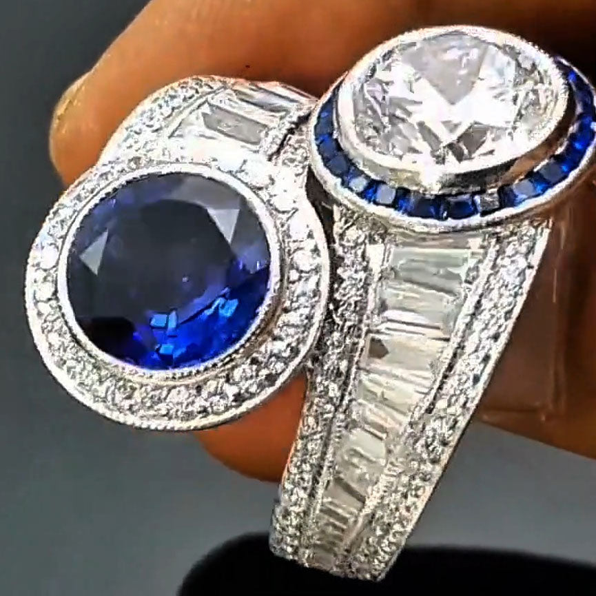 7.12ctw lovely two stone white and sapphire ring-JOSHINY