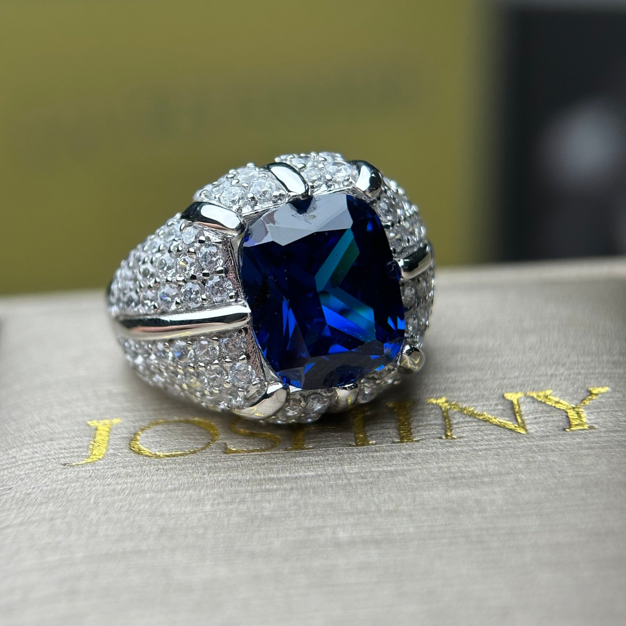 Elegant 8 ctw Emerald Cut Emerald Gemstone & Cushion Cut Sapphire Cocktail Ring -JOSHINY