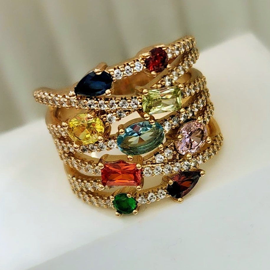 Exquisite 6 ctw Multi-Cut Multi-Color Gemstone Cluster Ring -JOSHINY