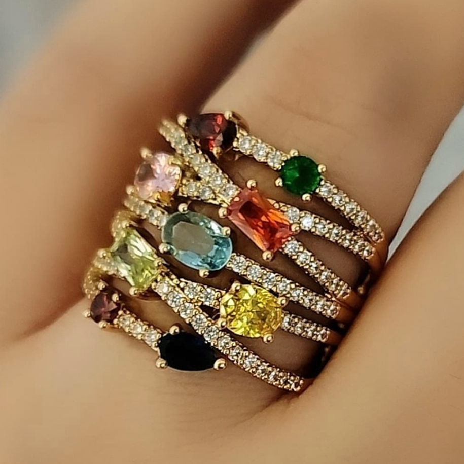 Exquisite 6 ctw Multi-Cut Multi-Color Gemstone Cluster Ring -JOSHINY