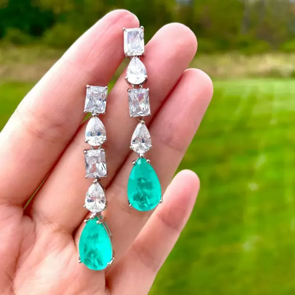 6ctw Multi-Cut Teardrop Green Gemstone Dangle Earrings -JOSHINY