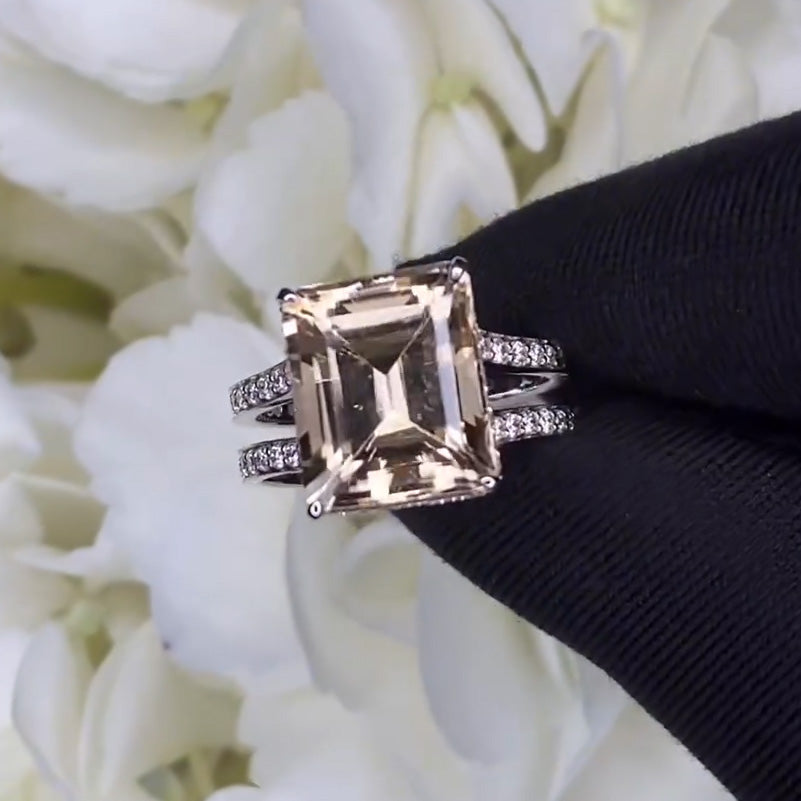 15ctw Emerald Cut Minimalist Peach Morganite Ring -JOSHINY