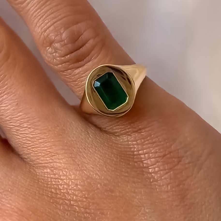 Simple 3 ctw Emerald Cut Emerald Seal Ring -JOSHINY