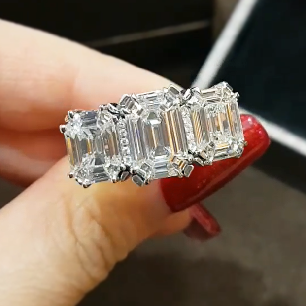 Gorgeous 14 ctw Emerald Cut White Gemstone Three Stone Engagement Ring -JOSHINY
