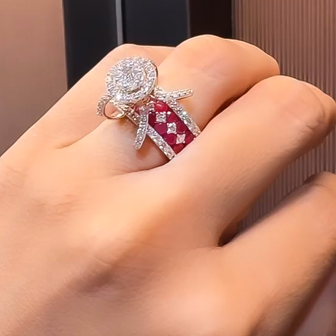 Unique 5 ctw Round Cut Ruby & White Gemstone Engagement Ring -JOSHINY