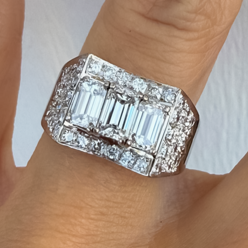 Unique 1.5 ctw Emerald Cut White Gemstone Tri-Stone Ring -JOSHINY