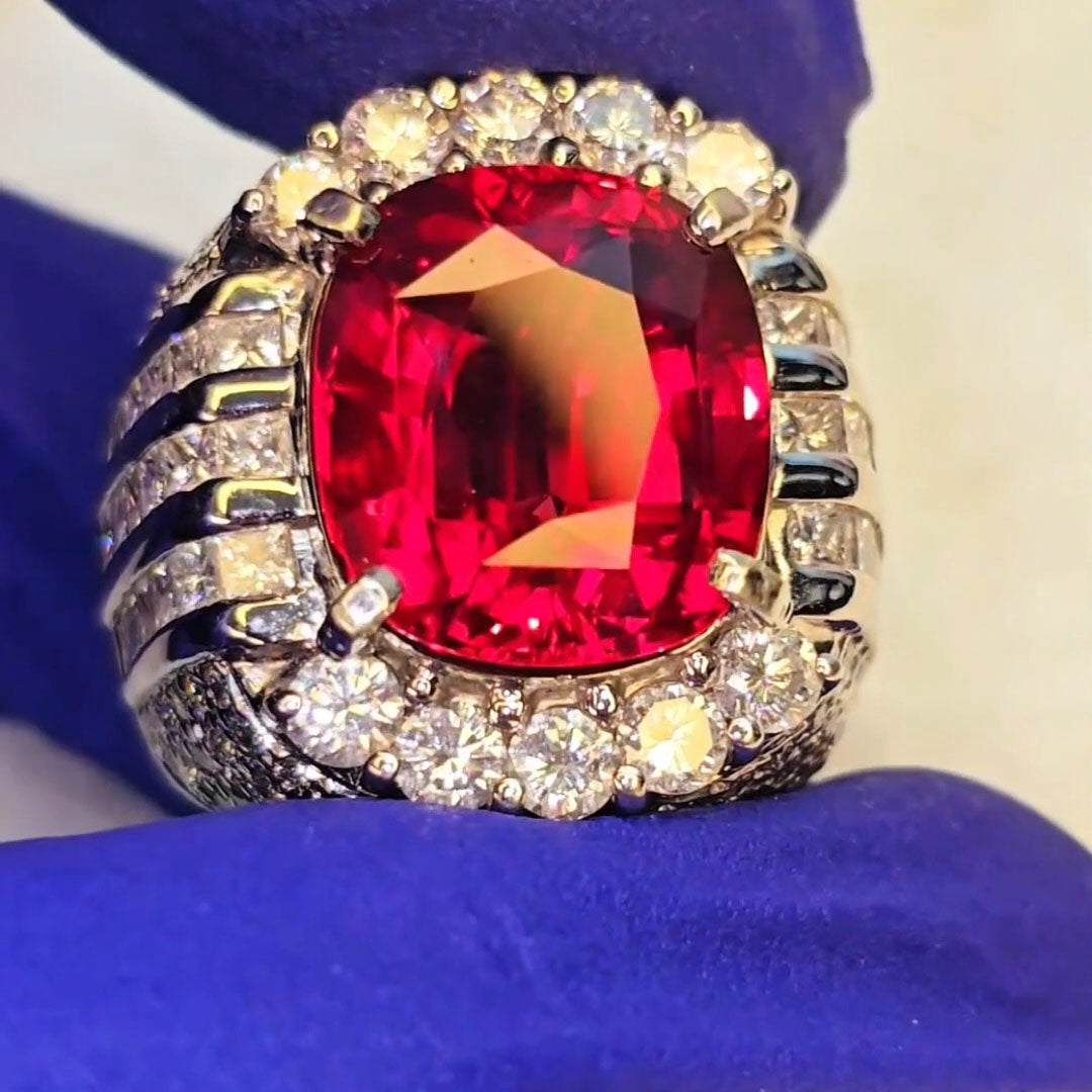 12ctw Perfect Cushion Cut Red Gemstone Ring -JOSHINY