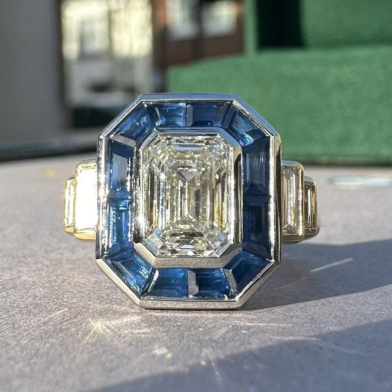 10ctw Emerald Cut White and Blue Bicolour Stepped Gemstone Ring -JOSHINY