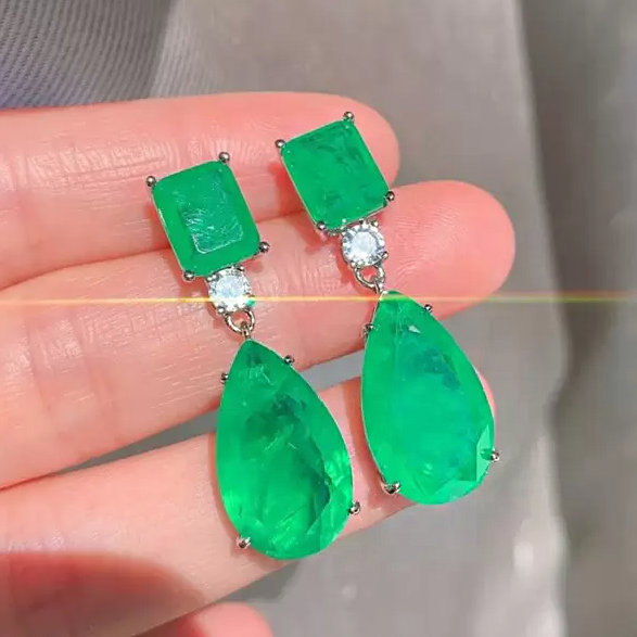 Simple 14 ctw Emerald & Pear Cut Paraiba & Emerald Gemstone Earrings -JOSHINY