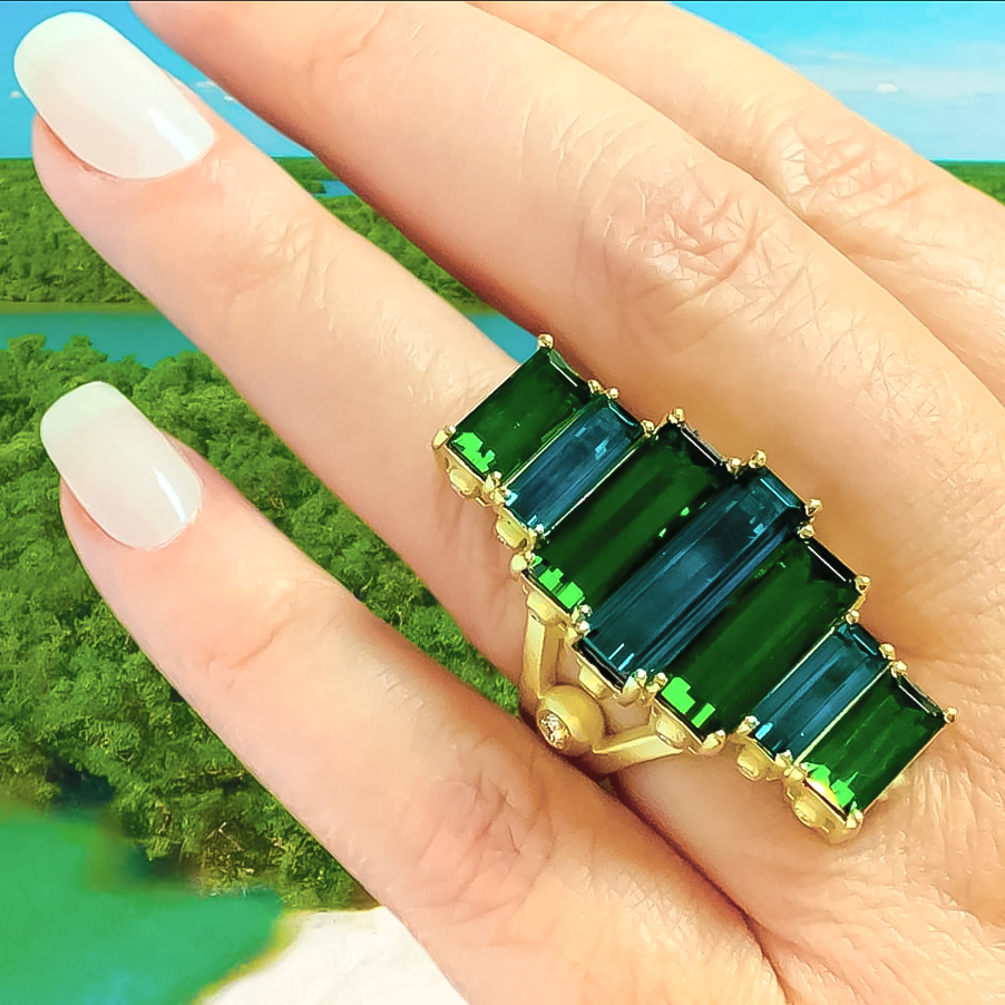 Unique 7 ctw Baguette Cut Emerald Seven Stone Ring -JOSHINY