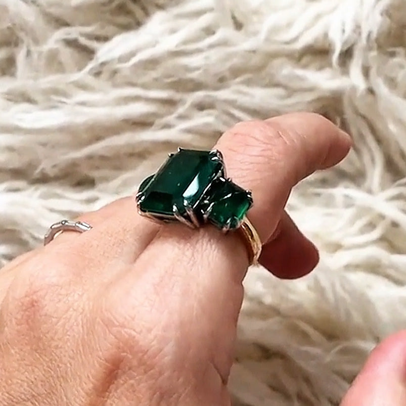 15ctw Octagon Cut Triple Emerald Gemstone Ring -JOSHINY