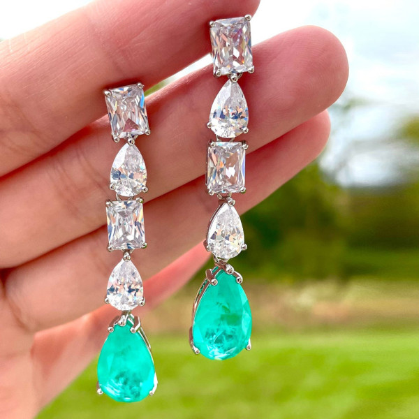 6ctw Multi-Cut Teardrop Green Gemstone Dangle Earrings -JOSHINY