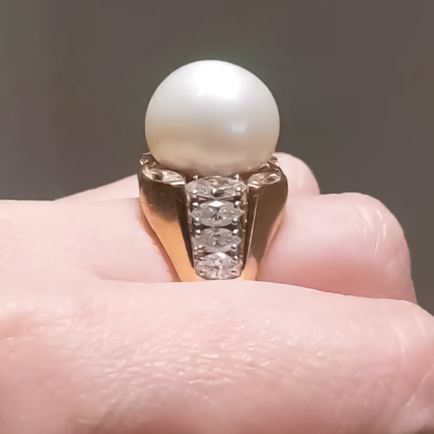 Vintage 2 ctw Marquise & Round Cut White Gemstone & Pearl Ring -JOSHINY