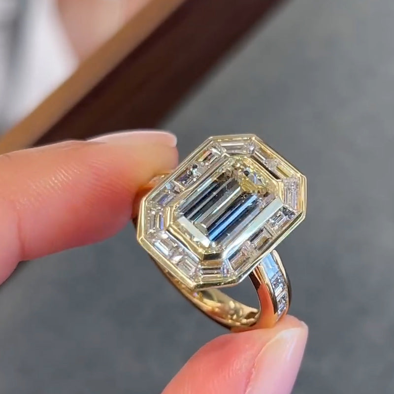 5.0ct Emerald Cut Baguette Side Bezel Gemstone Ring -JOSHINY